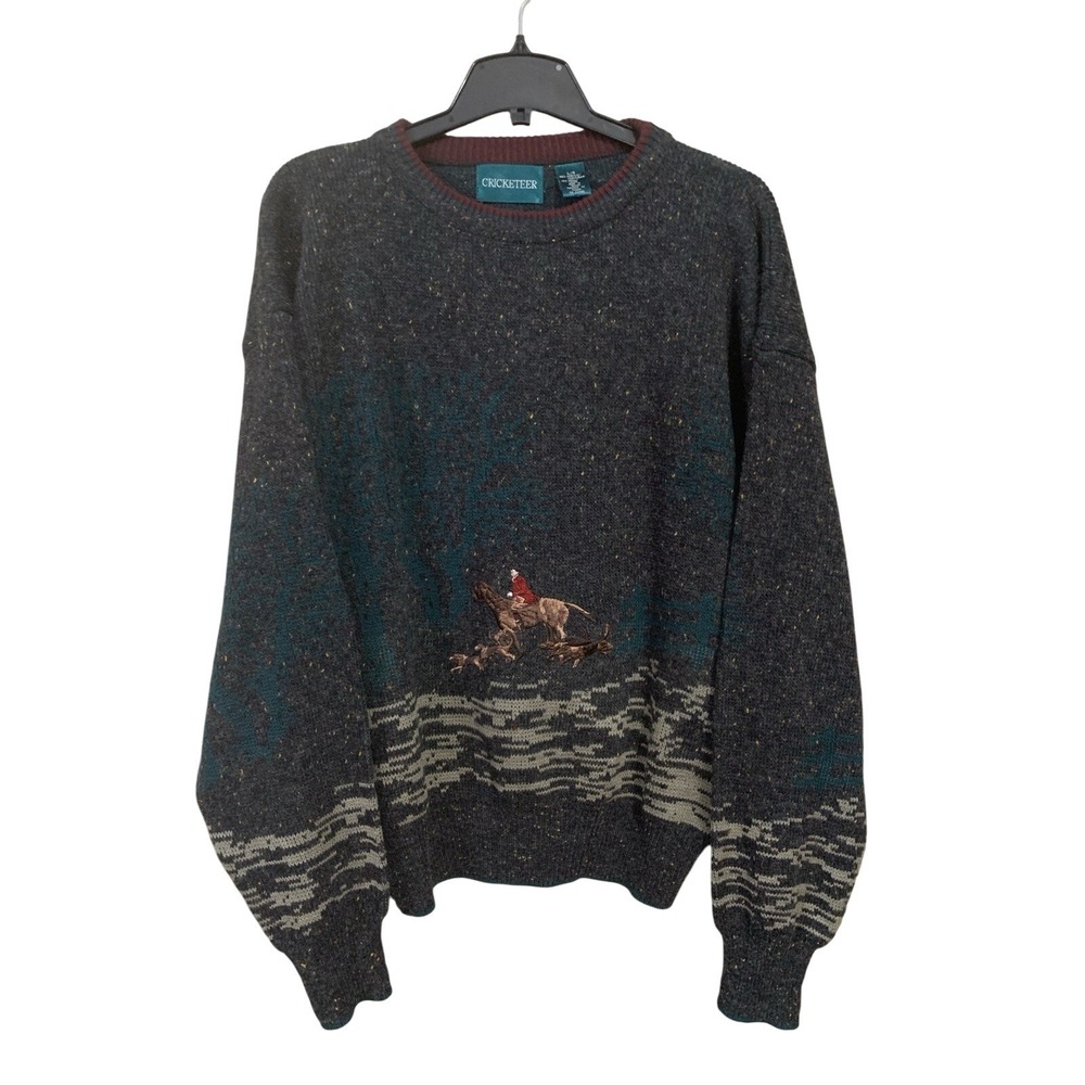 VTG Cricketeer Embroidered Wool Blend Knit Sweater Horse & Dogs Hunting‎ Men's L